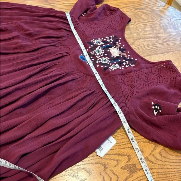 NEW! NWT Free People Mohave Embroidered Burgundy Mini Dress Size M Low V Back - Picture 4 of 9